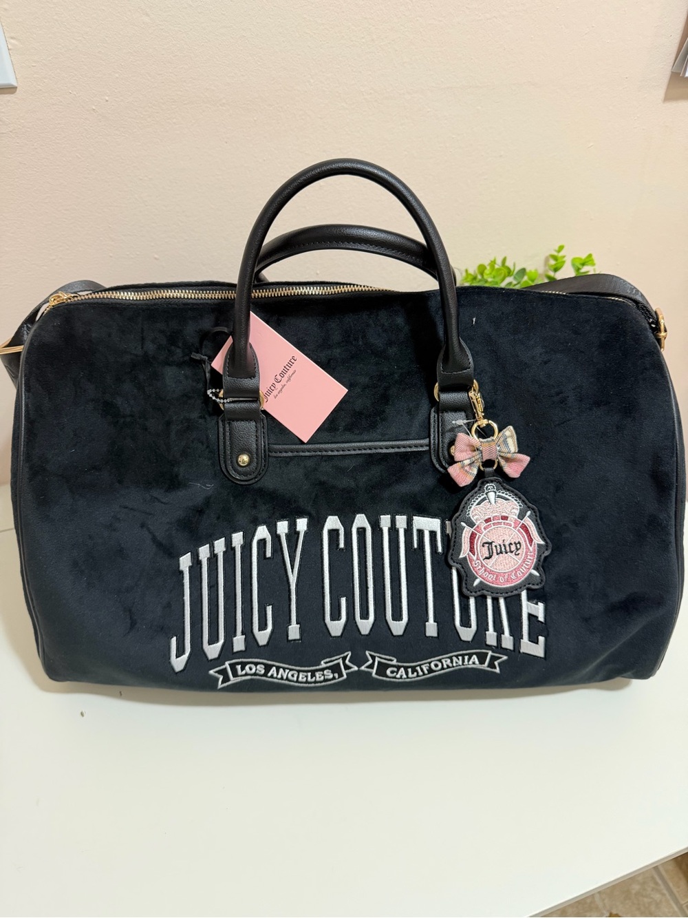 Juicy Couture Black Velour Logo Travel Duffel with Pink Charm